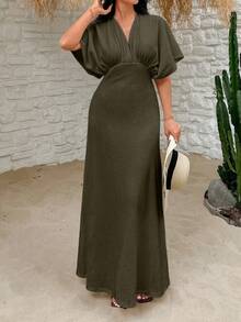 EURMUSE Casual Solid Color Batwing Sleeve Dress For Holiday - Army Green - View 6
