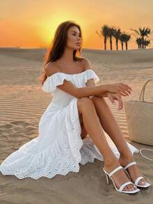 EURMUSE White Off-Shoulder Long Dress With Embroidered Hem – Cotton Embroidery - White - View 6