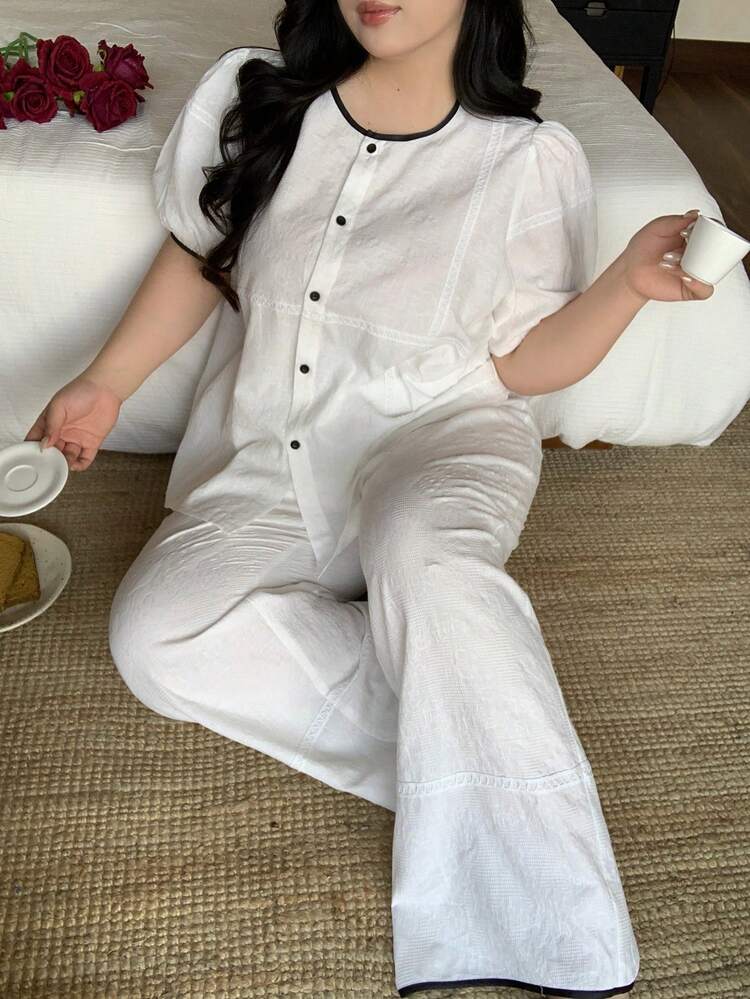 Dazy Plus 2pcs Plus Size Black & White Contrast Color Round Neck Short Sleeve Button Top And Comfortable Loose Pants Pajama Set