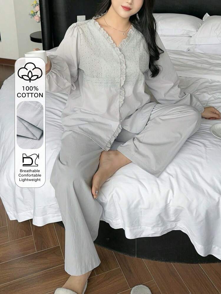 Dazy Plus Plus Size 100% Cotton Comfortable Casual Lace Trim Pajama Set