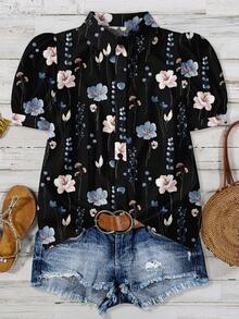Mellowie Plus Size Casual Holiday Floral Puff Sleeve Blouse, Summer Easter Boho Renaissance Fair Wedding Guest Mother Day Simple & Fashionable Vacation - Multicolor - View 1