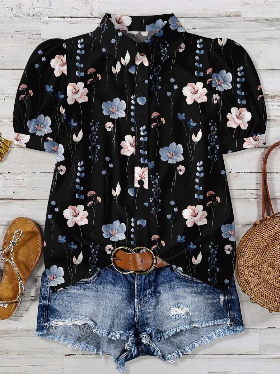 Mellowie Plus Size Casual Holiday Floral Puff Sleeve Blouse, Summer Easter Boho Renaissance Fair Wedding Guest Mother Day Simple & Fashionable Vacation - Multicolor - View 1
