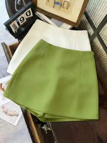 Franclia 时尚休闲通勤百搭质感柔软面料高腰开衩灰色女式短裤/半裙/阔腿裤/热裤，春秋季 - 綠色 - 查看 2