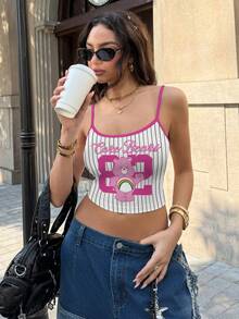 SHEIN X Care Bears Women's Colorblock Trim Spaghetti Strap Cute Cartoon Pattern Full-Width Camisole, - White - View 3
