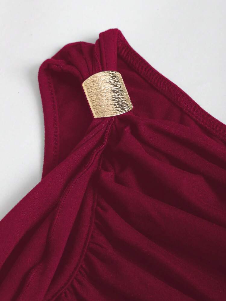 Sweetra Bodysuit Assimétrico com Babado e Fivela de Metal Preta, Moda Feminina Primavera/Verão Super Elástica, Minimalista para Uso Diário, Férias e Elegante para o Dia a Dia - Vinho - Visão 3