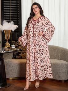Al Najma Plus Size Elegant V-Neck Lace Patchwork Flare Sleeve Dress, Autumn - Multicolor - View 6