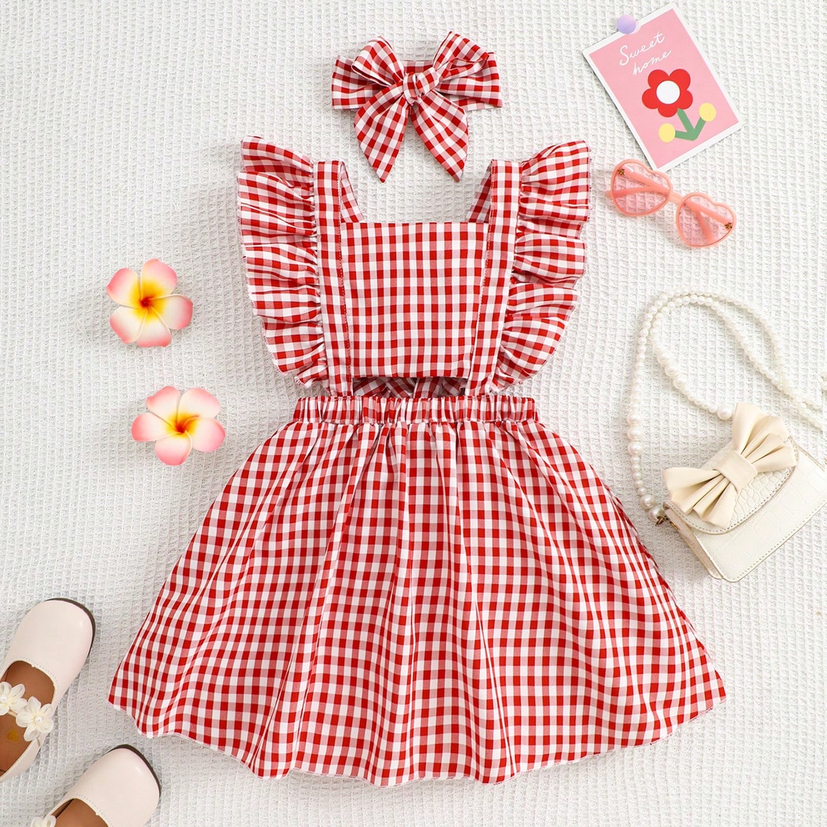 Vestido de manga corta con estampado de cuadros y diadema para niñas pequeñas