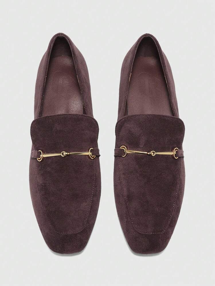 CUCCOO BIZCHIC Women Shoes Small Square Toe Flat Bottom Low Heel New Brown Suede Metal Buckle Comfortable And Versatile Slip-On Classic Loafers Women's Shoes Women's Flat Shoes Light Commuter Women's Shoes Spring Shoes