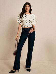 Poéselle 女士优雅波点印花收腰蝙蝠袖T恤，外出上衣，夏季休闲女装，适合日常、办公和度假穿着，春夏款 - 杏色 - 查看 5