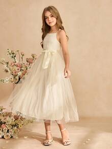 Girls' Elegant Minimalist Round Neck Sleeveless Waist Cinched Long Lace Patchwork Multi-Layer Tulle Solid Green Summer Dress, Flower Girl Dress For Wedding Junior Bridesmaid Dress Young Girl Elegant Dress Ivory Dress Girls Cream Dresses For Girls - Apricot - View 4
