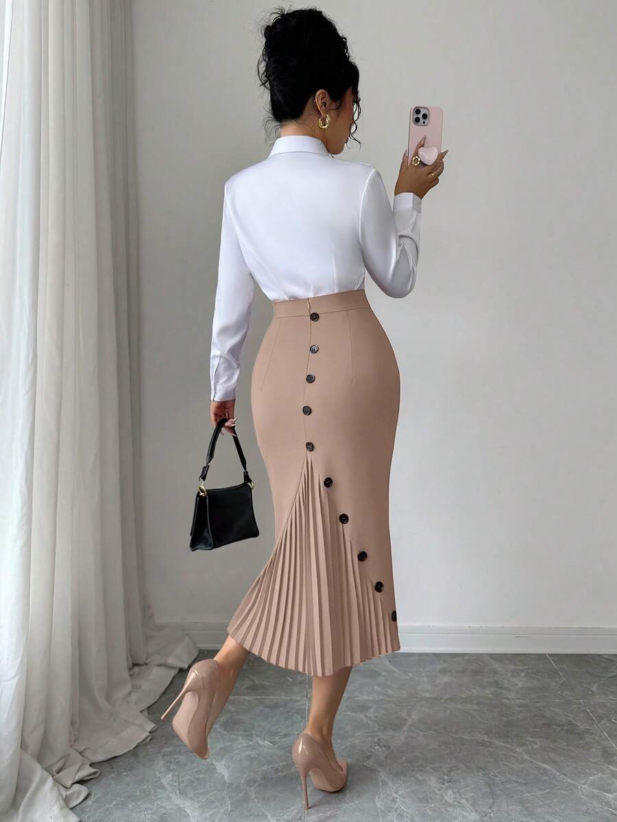 Elenzga Women's Elegant Fitted Pleated Pencil Skirt