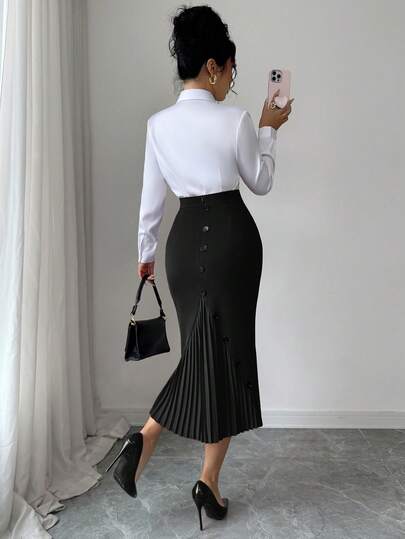 Elenzga Women's Elegant Fitted Pleated Pencil Skirt