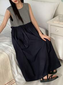 DAZY 少女夏季休闲度假通勤拼接条纹印花纸袋腰无袖宽松连衣裙 - 彩色 - 查看 7