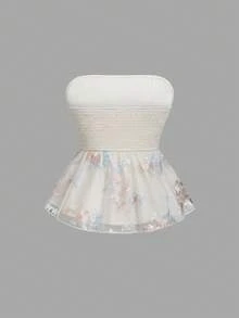 Qadelle Floral Embroidered Fabric Ruched Waist A-Line Camisole Top For Women, Romantic Vacation Style - Multicolor - View 3