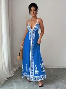 SHEIN Raffinéa 女士碎花深V领连衣裙 - 寶藍色 - 查看 4