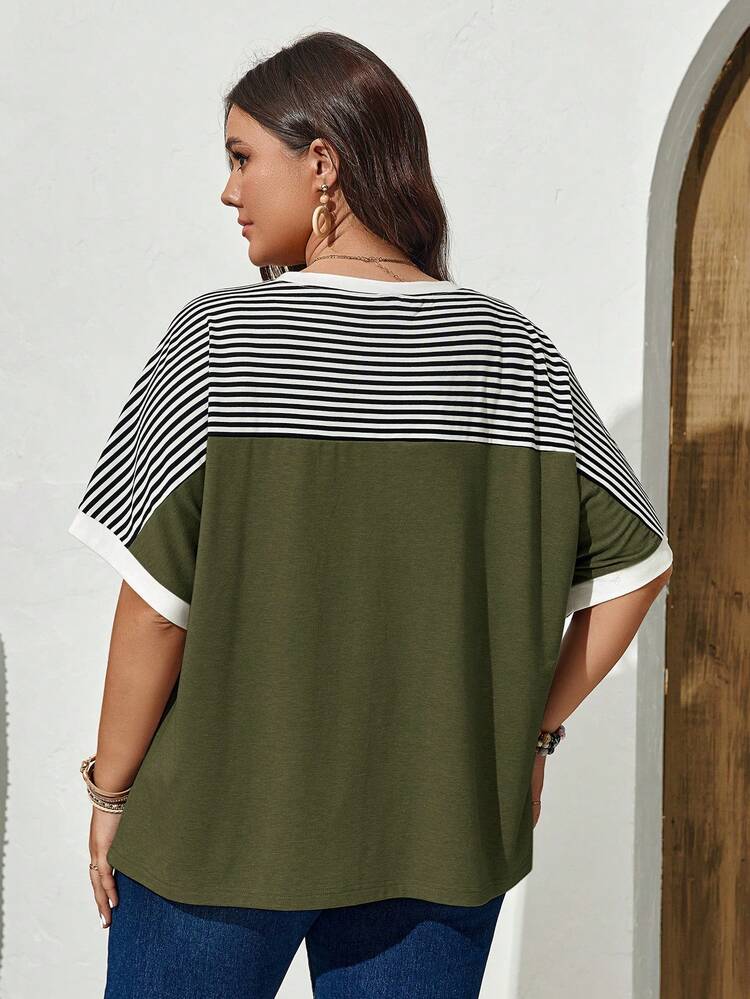 Plus Size Women'S Striped Pattern Batwing Sleeve T-Shirt For Spring