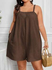 EMERY ROSE Plus Size Women's Summer Solid Color Simple Daily Wear Romper With Straps Short Summer Dresswomen Romperblack Dress Shortromper Dressshort Jumpsuit - Coffee Brown - View 4