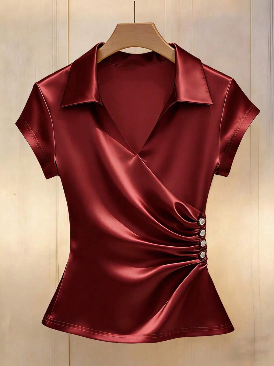 Franclia Áo kiểu nữ mùa hè màu trơn, cổ chữ V, tay ngắn, xếp ly, ôm dáng, thanh lịch. - Đỏ - Xem 1
