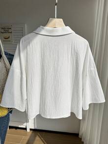 Comfortcana 大码女式宽松休闲马匹印花落肩单排扣衬衫 - 白色 - 查看 2