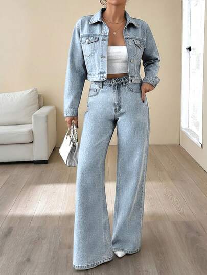 EURMUSE Jacket And Jean Two Pieces Set High Waist Denim Jean Crop Jacket