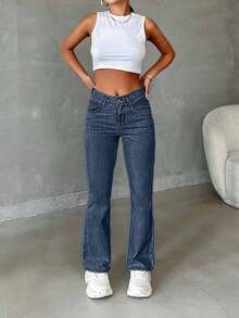 EURMUSE Jeans évasés taille haute et courts pour femmes, couleur unie - Jean bleu - Voir 3