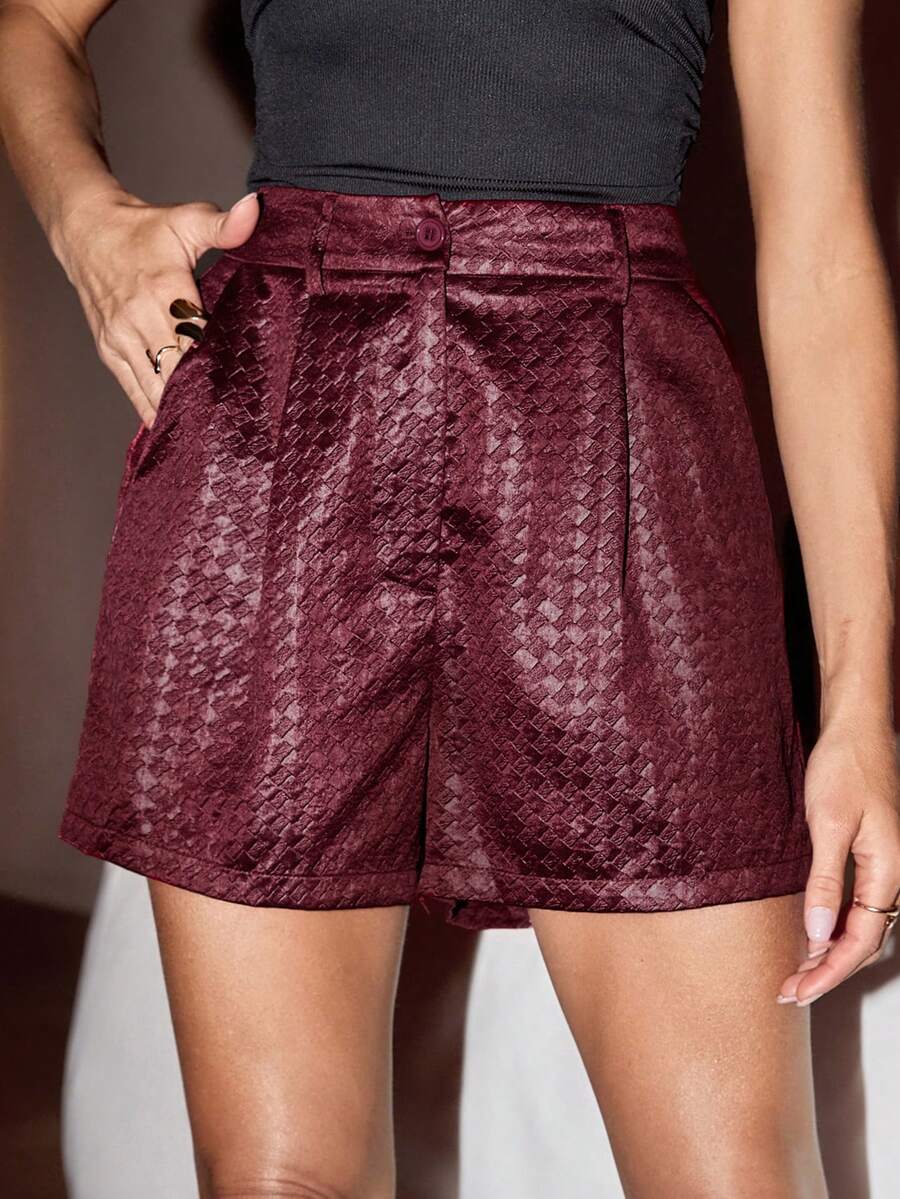 SHEIN Clasi Wine Red Textured Vintage Fashion Commuter PU Shorts - Burgundy - View 1