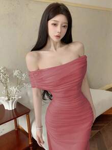 Modelyn Women's Off Shoulder Ruched Waist Elegant Wedding/Occasion Dress - Coral Pink - View 8