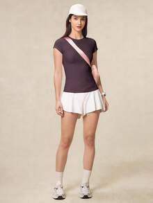 OutZeal Camiseta deportiva para mujer, parte superior de gimnasio, con control de abdomen, secado rápido, cuello redondo y ajuste ceñido - Morado - Ver 7