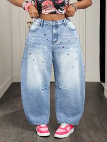 Slaydiva Quần jeans ống rộng dáng suông thoải mái, cỡ lớn, thời trang, đính đá quý nhiều màu sắc. - Rửa nhẹ - Xem 4