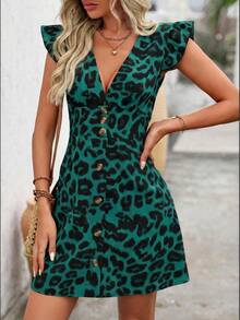 SHEIN Clasi 女士时尚性感深V豹纹荷叶袖连衣裙 - 綠色 - 查看 8
