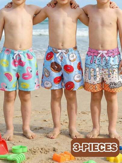 SHEIN 儿童休闲宽松短裤泳装多件套，适合夏季、海滩、度假、假日、家庭旅行