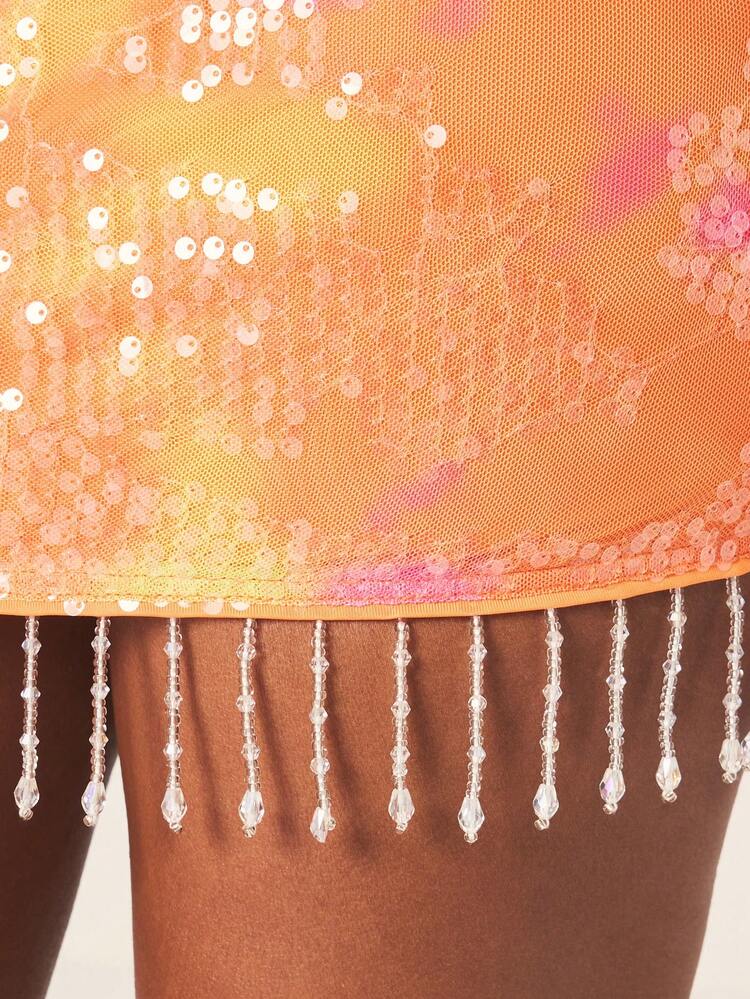 MISSGUIDED Sequin Embellished Mini Skirt With Fringe Hem Detail Metallic Shimmer Party Club Festival