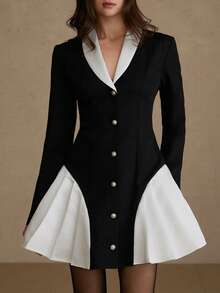 BELROSIE Abito blazer elegante e retrò in stile francese, con colletto Peter Pan, decorazione con bottoni di perle, vita svasata, vestibilità slim, manica lunga, lunghezza corta - Bianco e nero - Visualizzare 4