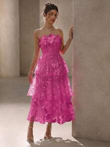 BELROSIE Solid Color Luxurious High-End Party Floral Strapless Dress, Suitable For Spring And Summer - Hot Pink - View 7