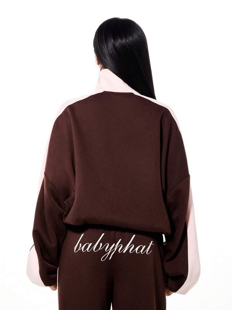BABYPHAT Sweat-shirt-shirt zippé surdimensionné avec bloc de couleurs, détails d'impression de lignes abstraites et col montant