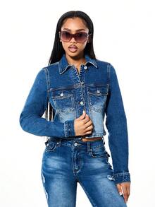 BABYPHAT Embroidered Denim Cropped Fitted Button Front Lapel Collar Long Sleeve Jacket With Chest Pockets Classic Outerwear - Blue - View 6