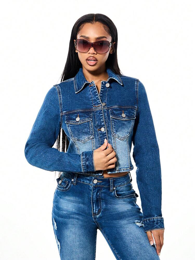 BABYPHAT Jaqueta de Manga Longa com Gola de Lapela, Botões na Frente, Bolsos no Peito, Clássica, Ajustada, Cropped, em Denim Bordado