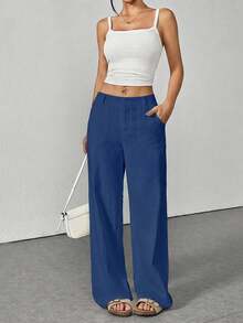Washed Cotton Casual Solid Color Low-Waist Straight Leg Pants - Blue - View 4
