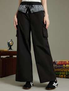 Elnivra 女士黑白格子拼接抽绳松紧腰工装裤 - 黑色 - 查看 6