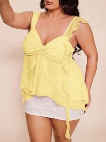 SHEIN BAE Plus Size Women Solid Color Sweetheart Collar Asymmetrical Ruffle Hem Camisole Top - Yellow - View 8