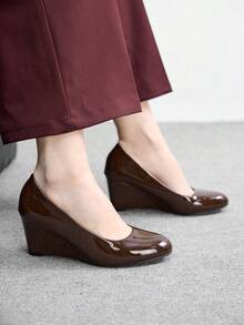 CUCCOO BIZCHIC Dark Brown Patent Leather Wedge Pumps, Versatile For Commuting Spring Shoes - dark brown - View 5