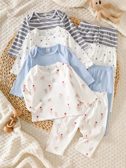 SHEIN 8件套新生男宝宝春夏小熊星条纹印花长袖上衣+裤子套装