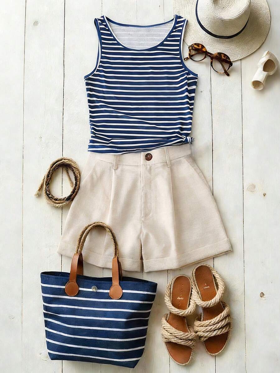 Franclia Bộ đồ nữ thường ngày kẻ sọc gồm áo tank top và quần short (2 món) - Nhiều màu - Xem 1