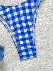 Soleia 2pcs Women's Red & White Plaid Print Swimwear Set, Vacation - Blue - View 6