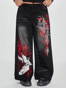 ROMWE Grunge Punk Quần jeans ống rộng dáng suông thoải mái, họa tiết chéo, có túi, dành cho nữ cỡ lớn. - màu đen - Xem 1