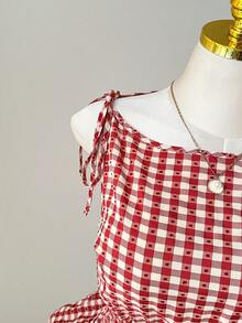 Comfortcana Plus Size Women Plaid Tie Shoulder Drawstring Waist Ruffle Hem Sleeveless Blouse, Summer 2026 New Arrival Tops - Red - View 7