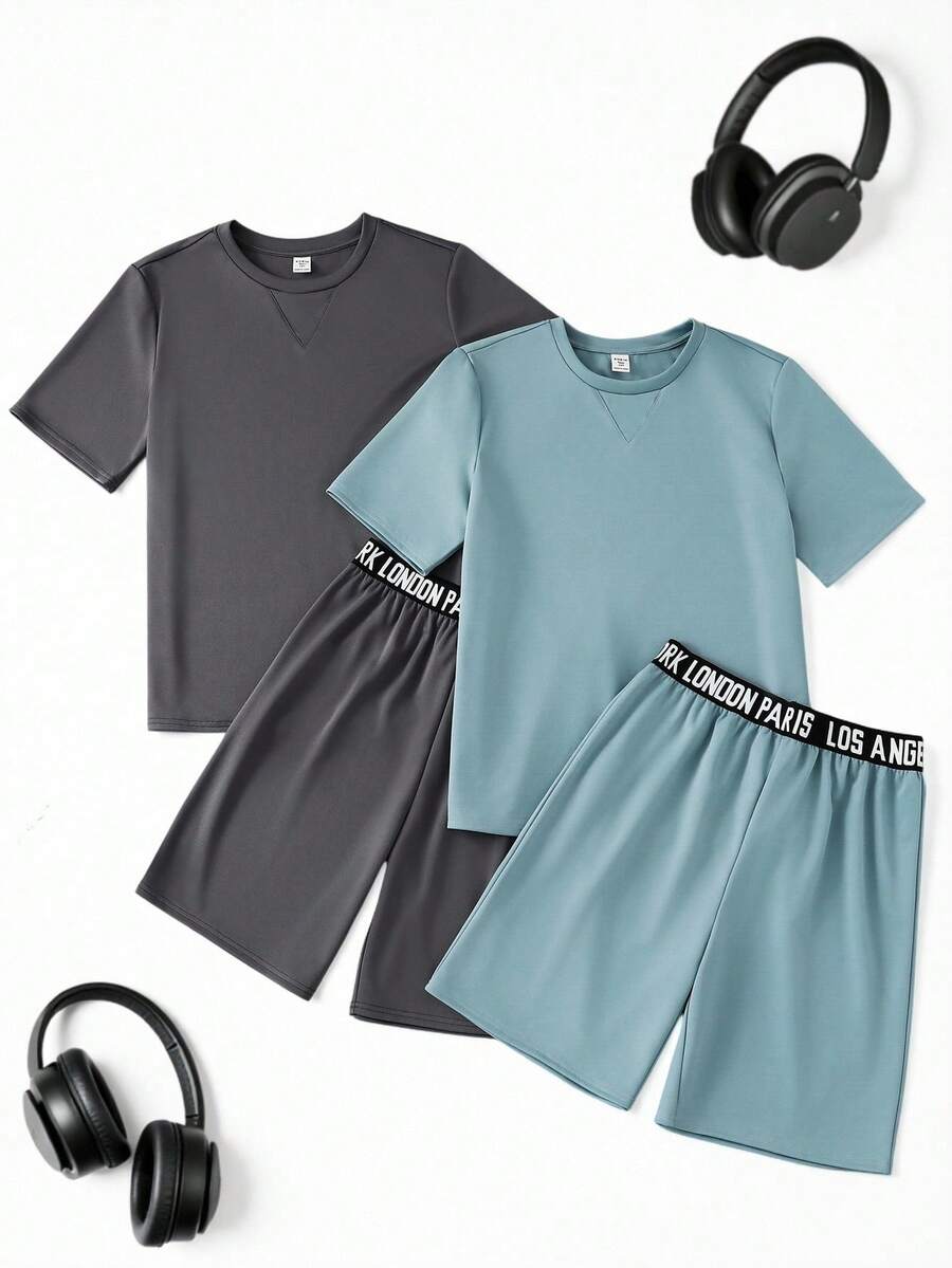 SHEIN 4件套青少年男童简约字母图案弹力腰纯色休闲家居服套装，舒适百搭，适合日常穿着、上学、郊游、户外运动、音乐节、节日派对、夏季海滩度假、春夏等场合。