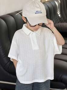 SHEIN Little Byeori 1件男童休闲、舒适、时尚、百搭、柔软、宽松短袖polo衫，适合春、夏、秋季日常穿着、运动、郊游、上学、聚会、节日、拍照等场合。 - 白色 - 查看 5