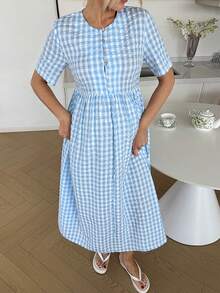 SHEIN 夏季孕妇休闲格子短袖连衣裙 - 藍白色 - 查看 9
