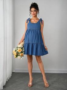 Momance 时尚舒适的孕妇牛仔连体裤连衣裙 - 深色水洗藍 - 查看 5